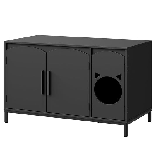 HOOBRO Cat Litter Box Enclosure, Cat Head Decor Storage Cabinet, Hidden Litter Box Furniture with Elegant Arched-Door Design, Wooden Litter Box Cabinet with Iron-Leg, End Side Table, Black BK31MW01