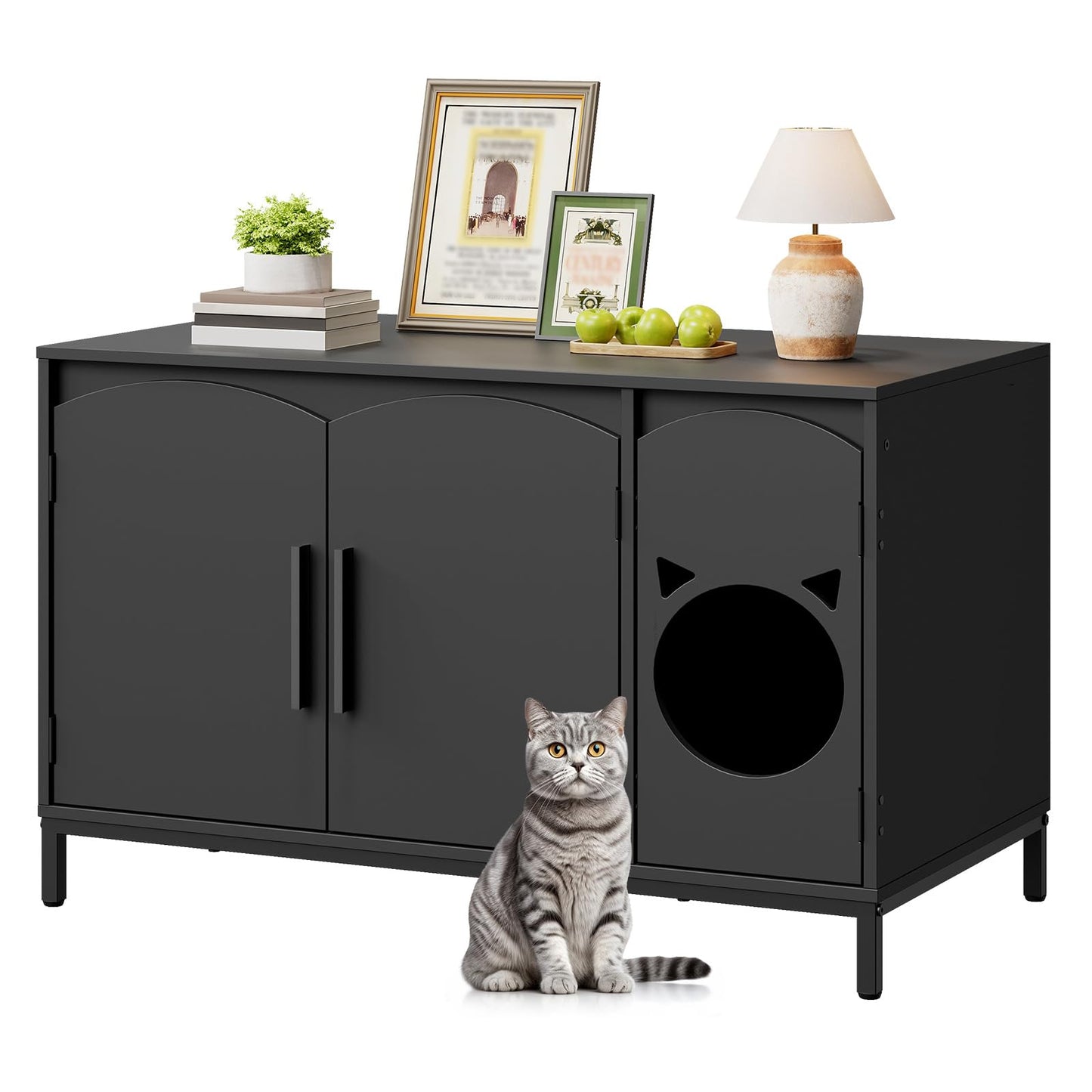 HOOBRO Cat Litter Box Enclosure, Cat Head Decor Storage Cabinet, Hidden Litter Box Furniture with Elegant Arched-Door Design, Wooden Litter Box Cabinet with Iron-Leg, End Side Table, Black BK31MW01