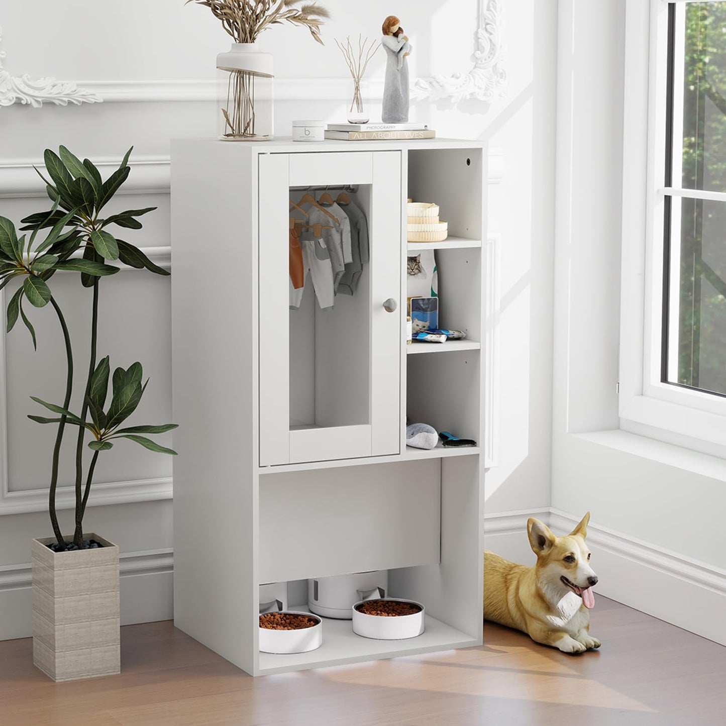 YU YUSING Dog Feeding Station for Automatic Feeder, Dog & Cat Food Storage Cabinet with Hanging Rods, Adjustable Panel, Hidden Automatic Pet Feeder Station for Food and Pet Supplies