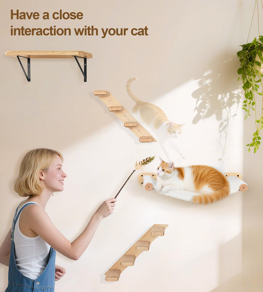 PELUOMOZ Cat Wall Hammock, Wall Shelves with 1 Floating Fabric Hammock, 2 Cats Ladders with 4 Steps Each