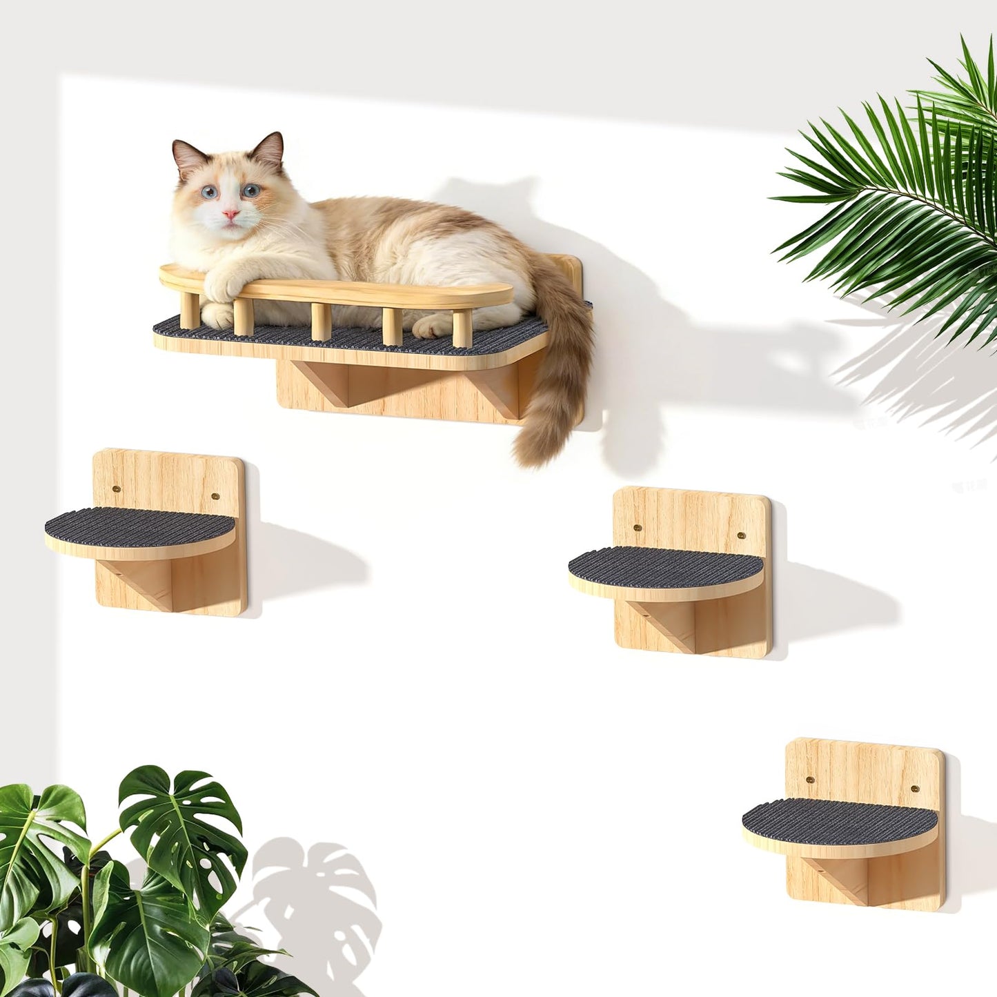 Cat Wall Shelves with 3 Steps, Wooden Cat Wall Furniture up to 15lbs, Floating Stairs for Small/Medium Cats, Kitty Wide Climber Shelf with Cozy Perch for Indoor, Sleeping, Jumping, Playing