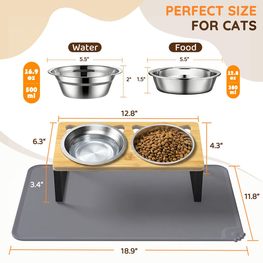 Elevated Cat Bowls with Food Mat, 2 Stainless Steel Raised Cat Food and Water Bowls, 15 Tilted Stand Anti Vomitting, Whisker Fatigue, Dishwasher Safe