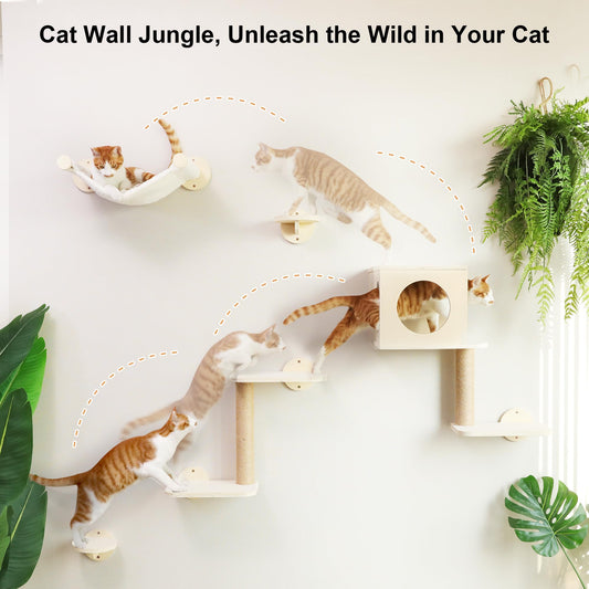FUKUMARU Cat Wall Shelves, 5-Piece Wall-Mounted Furniture Set, Stable Wooden Kitty Climber with Hammock, House, Steps, Scratching Post