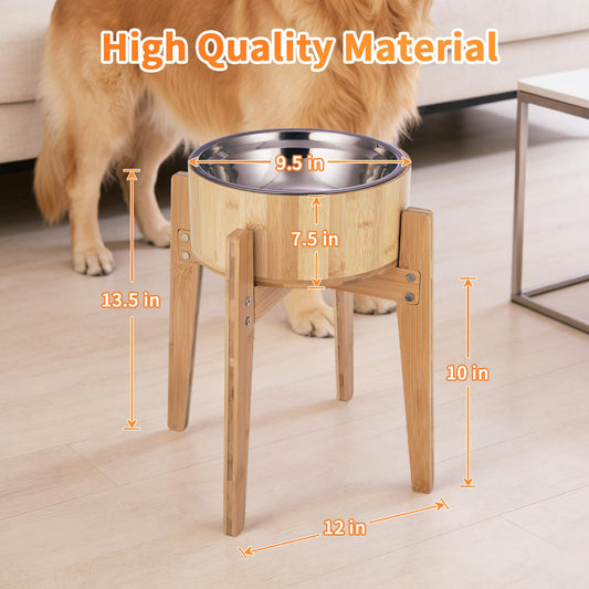 KEVIDEAWL Elevated Dog Bowls for Large Dogs Feeder Two Bowls with a Stainless Steel and Bamboo Dishes,Raised Dog Bowl Stand with Non-Slip Feet,Ideal for Medium and Large Breeds, (13.5-inch High)