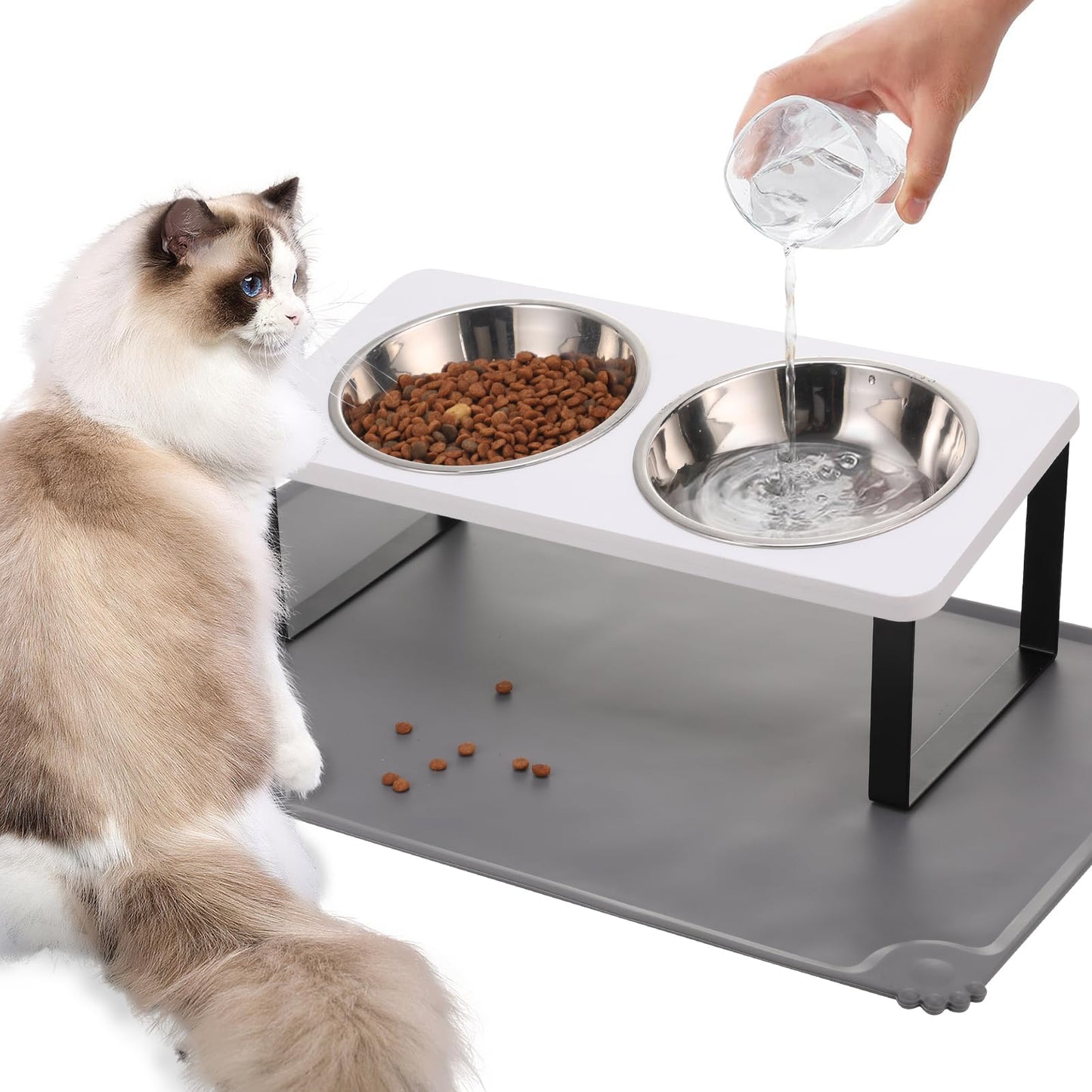 Upgraded Elevated Cat Bowls with Food Mat