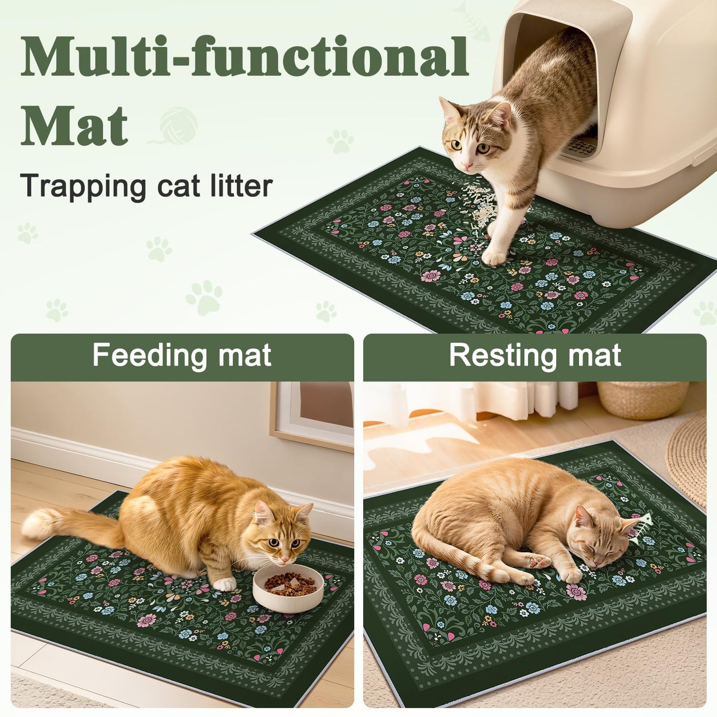 Bienbee Cat Litter Mat, 2PCS 33"x22" Washable Litters Box Mats Non-Slip &Waterproof Cat Litters Trapping Mats Easy to Clean Mat for Litter Box Less Waste Protects Floors Dark Green L