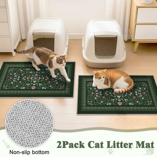 Bienbee Cat Litter Mat, 2PCS 33"x22" Washable Litters Box Mats Non-Slip &Waterproof Cat Litters Trapping Mats Easy to Clean Mat for Litter Box Less Waste Protects Floors Dark Green L