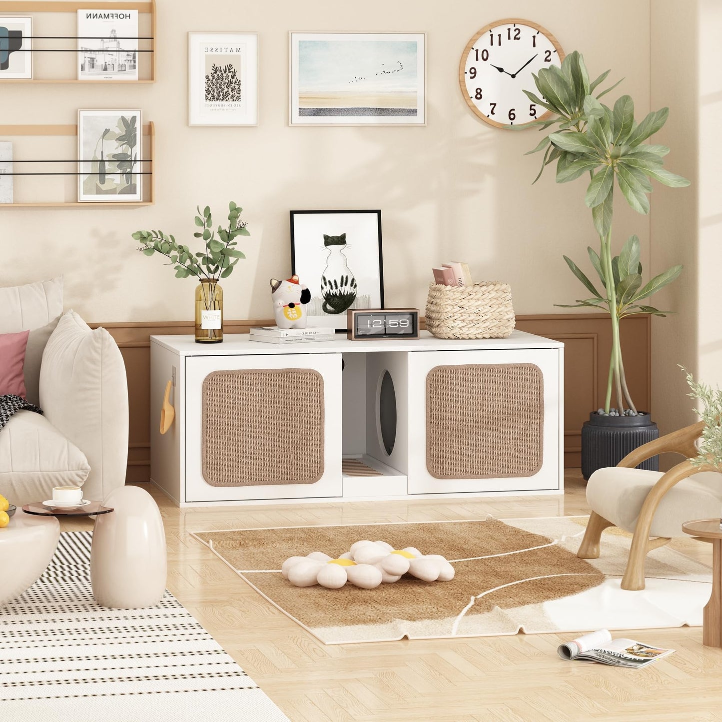 MOOLIVE Double Cat Litter Box Enclosure Furniture with Sisal Scratching Pads, 43.3" Cat Hidden Litter Box Furniture Cabinet with Litter Filter, Wooden Cat Washroom for 2 Cats, White