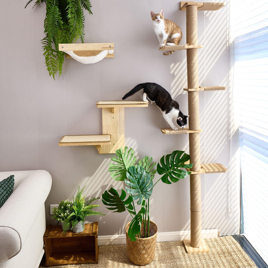 FUKUMARU Tall Cat Tree, 5 Tier Floor to Ceiling Cat Tower, Wall-Mounted Cats Scratching Post, Wild Simulation Kitten Wall Shelves, Suitable for Climb, Scratch, and Play