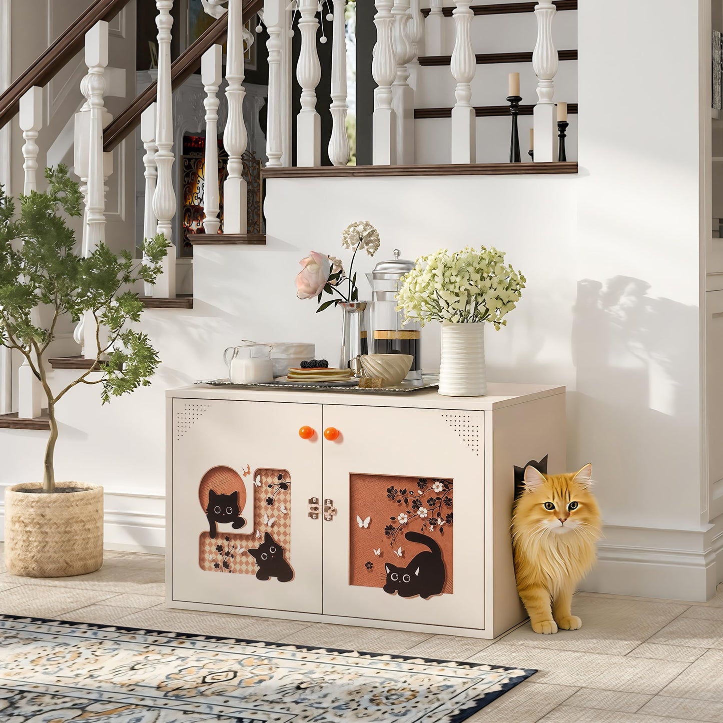 PEROKIER Cat Litter Box Enclosure, Hidden Litter Box Furniture with Removable Divider, Decorative Litter Box Cabinet, Cat Washroom Fit Most of Litter Box