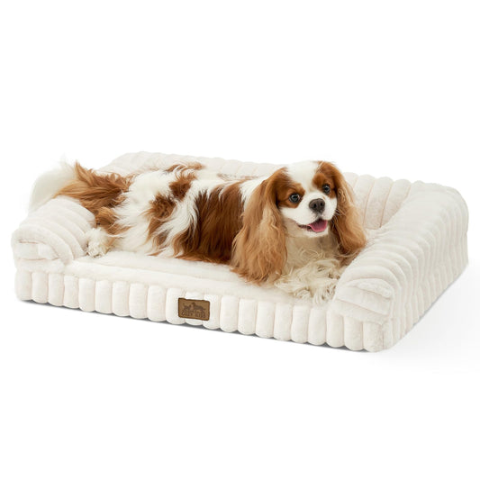 Cute Dog Bed, Comfortable Pet Couch, Faux Fur Orthopedic Foam Dog Bed with Sides, Removable Washable Cover