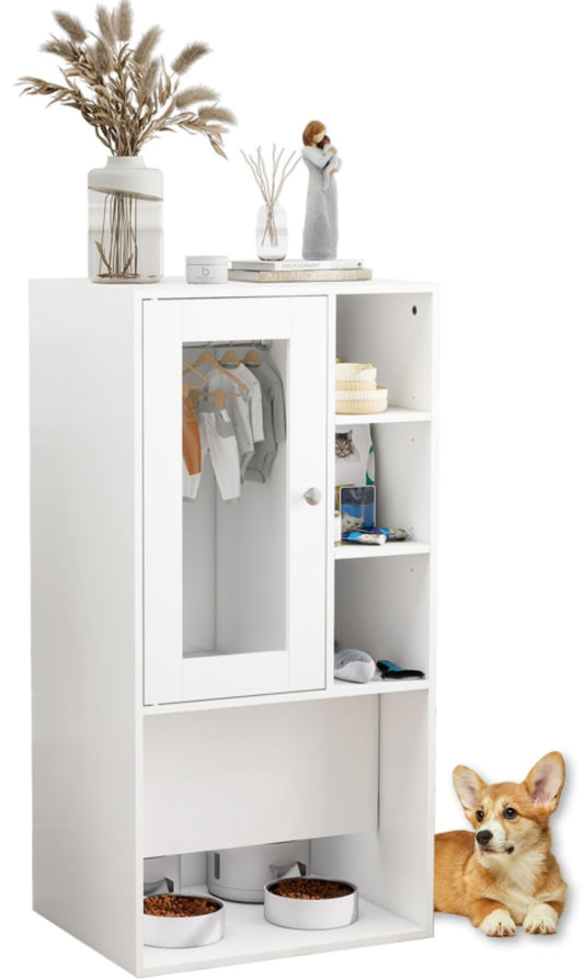 YU YUSING Dog Feeding Station for Automatic Feeder, Dog & Cat Food Storage Cabinet with Hanging Rods, Adjustable Panel, Hidden Automatic Pet Feeder Station for Food and Pet Supplies