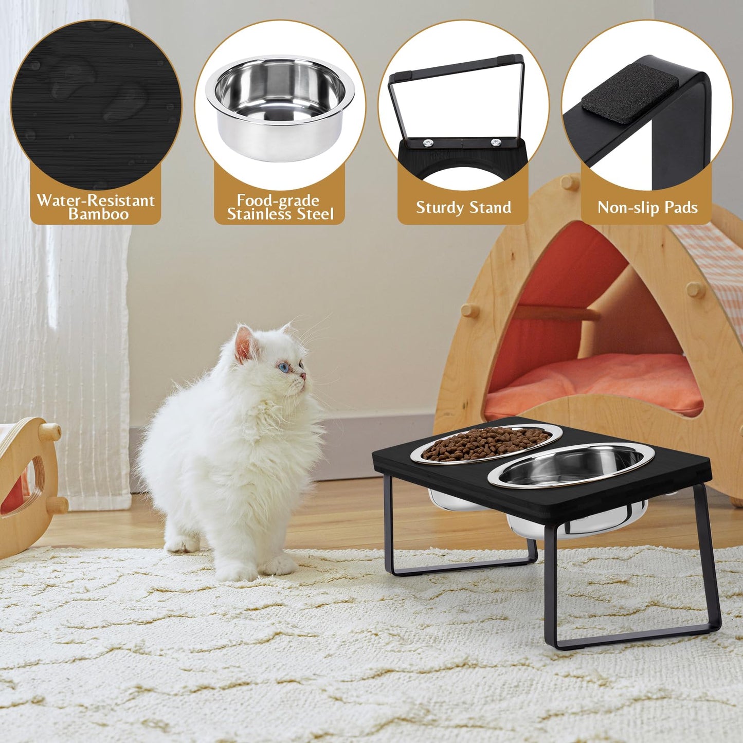 Elevated Cat Bowls for Food and Water - Loplurea 15° Tilted Raised Stainless Steel Cat Food Bowl with Bamboo Stand and Anti Vomit Feeding Station for Indoor Cats and Pet…