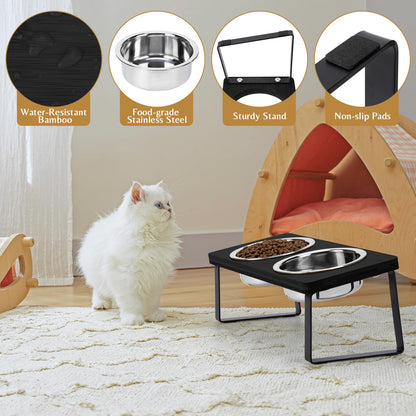Elevated Cat Bowls for Food and Water - Loplurea 15° Tilted Raised Stainless Steel Cat Food Bowl with Bamboo Stand and Anti Vomit Feeding Station for Indoor Cats and Pet…