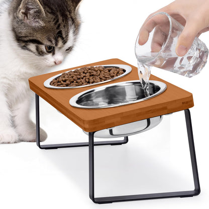 Elevated Cat Bowls for Food and Water - Loplurea 15° Tilted Raised Stainless Steel Cat Food Bowl with Bamboo Stand and Anti Vomit Feeding Station for Indoor Cats and Pet…