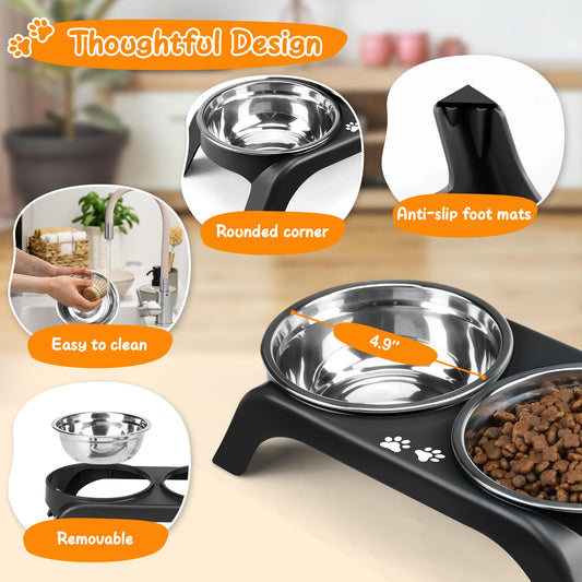 Elevated Dog Bowls | 2 Thick Stainless Steel Dog Food Bowls Non-Slip Stand for Large, Medium Dogs - Height Adjusts 3.7" to 12.36"