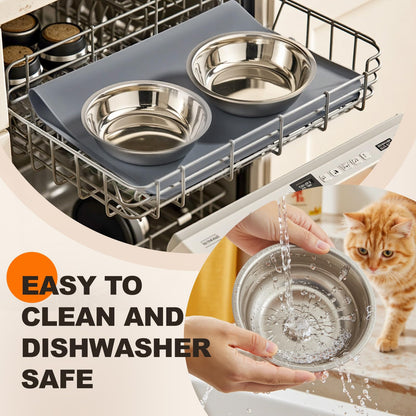 Elevated Cat Bowls for Food and Water - Loplurea 15° Tilted Raised Stainless Steel Cat Food Bowl with Bamboo Stand and Anti Vomit Feeding Station for Indoor Cats and Pet…