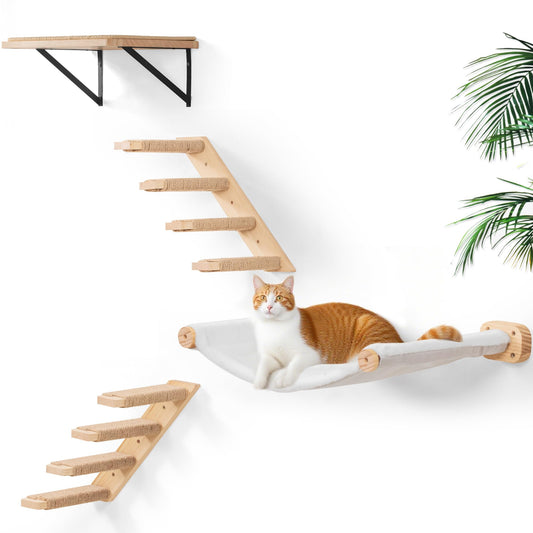 PELUOMOZ Cat Wall Hammock, Wall Shelves with 1 Floating Fabric Hammock, 2 Cats Ladders with 4 Steps Each