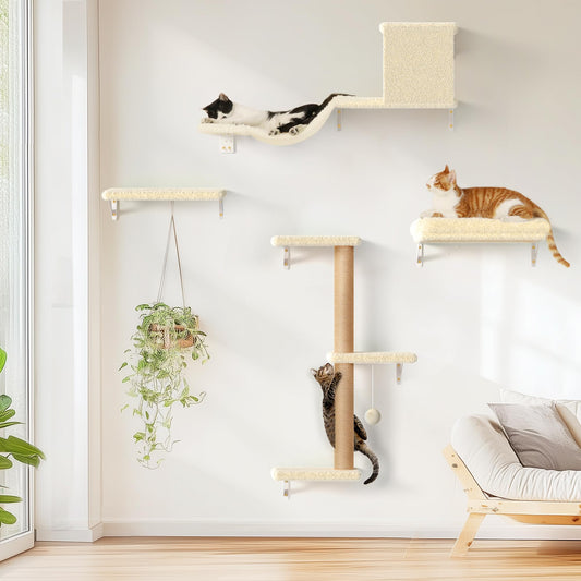 Fukumaru Cat Wall Climber & Shelves, Stable & Safe 4 in 1 Gym Set, Wooden Climbing Wall with Scratching Post, Bridge & Bed, Perfect for 16 Inch Drywall