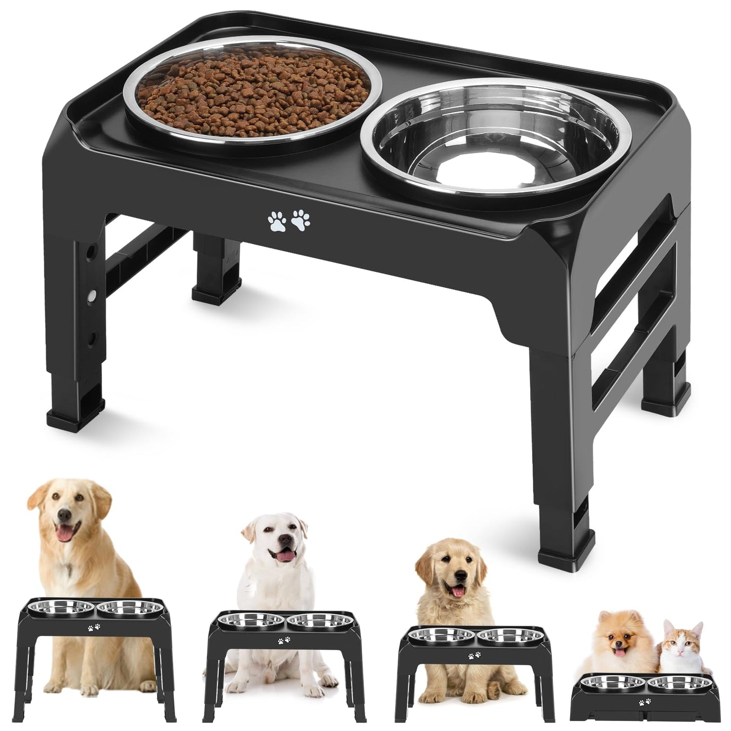 Elevated Dog Bowls | 2 Thick Stainless Steel Dog Food Bowls Non-Slip Stand for Large, Medium Dogs - Height Adjusts 3.7" to 12.36"