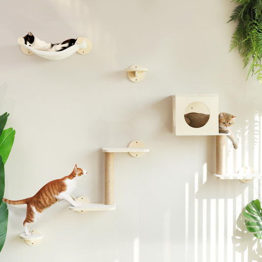 FUKUMARU Cat Wall Shelves, 5-Piece Wall-Mounted Furniture Set, Stable Wooden Kitty Climber with Hammock, House, Steps, Scratching Post