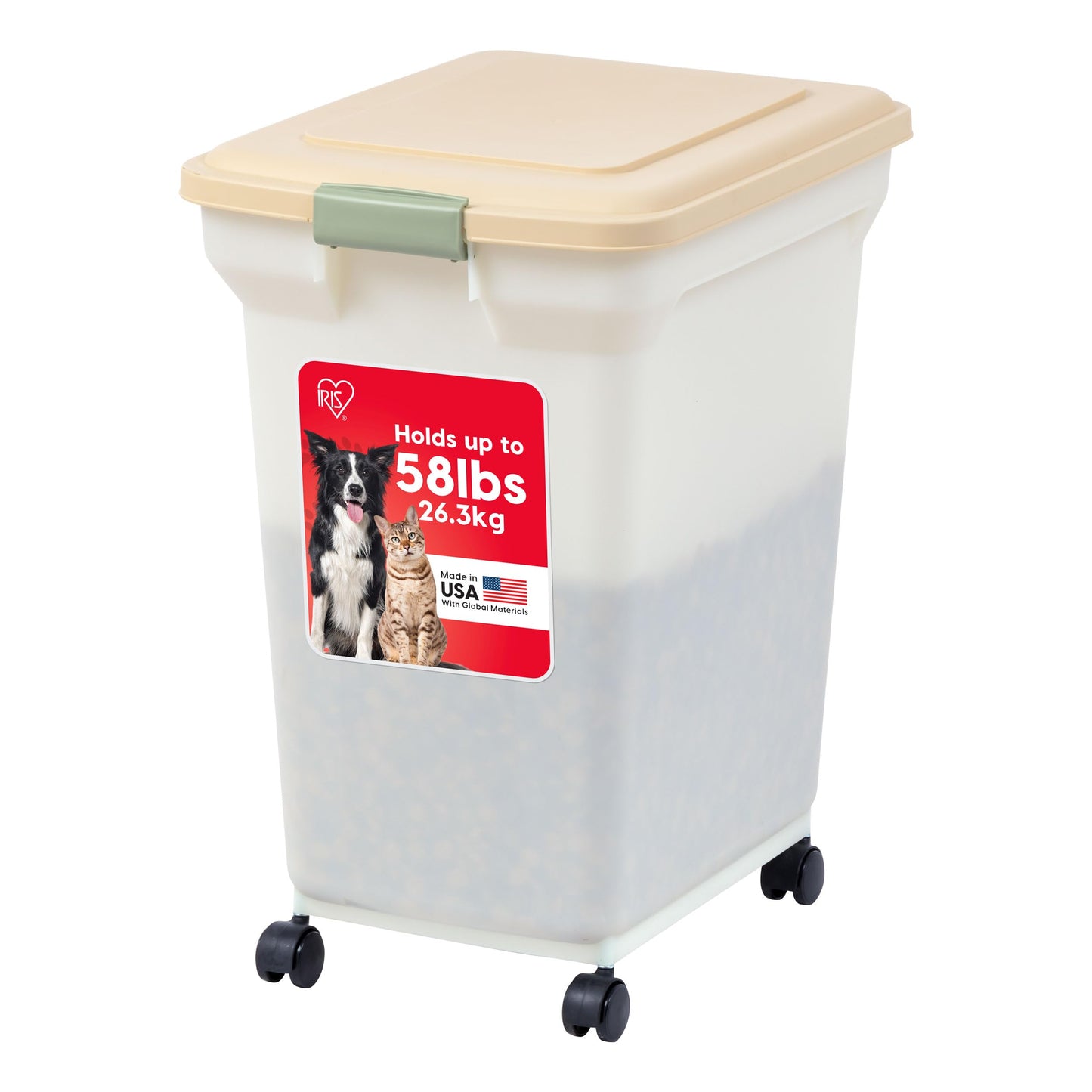 IRIS USA WeatherPro Airtight Pet Food Storage Container with Attachable Casters, For Dog Cat Bird and Other Pet Food Storage Bin