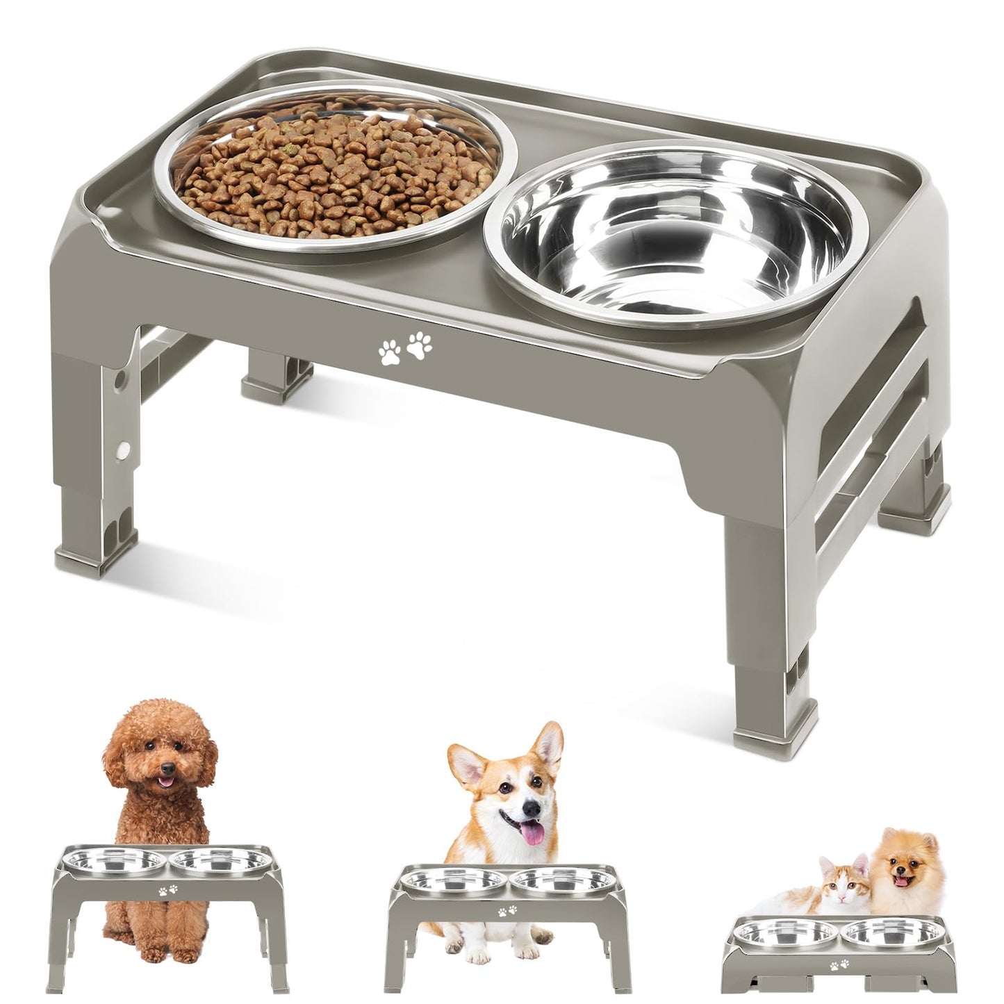 Elevated Dog Bowls | 2 Thick Stainless Steel Dog Food Bowls Non-Slip Stand for Large, Medium Dogs - Height Adjusts 3.7" to 12.36"