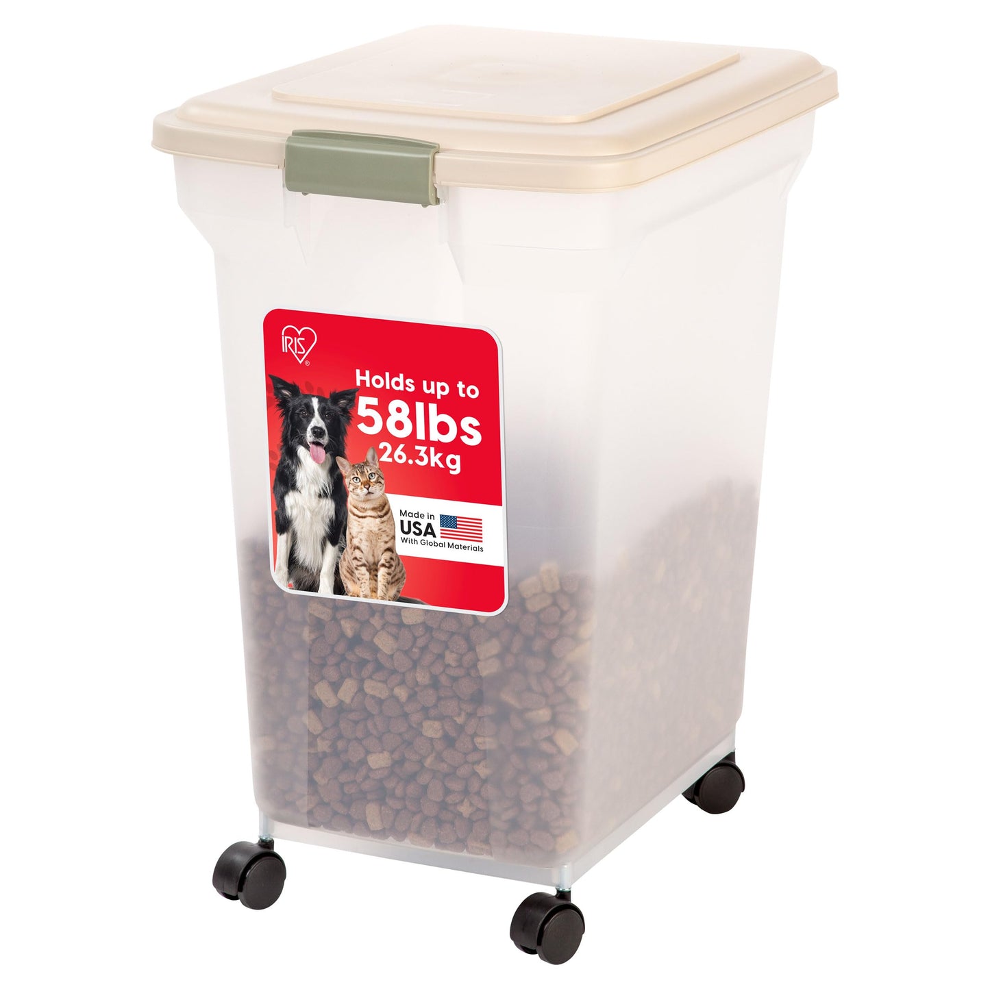 IRIS USA WeatherPro Airtight Pet Food Storage Container with Attachable Casters, For Dog Cat Bird and Other Pet Food Storage Bin