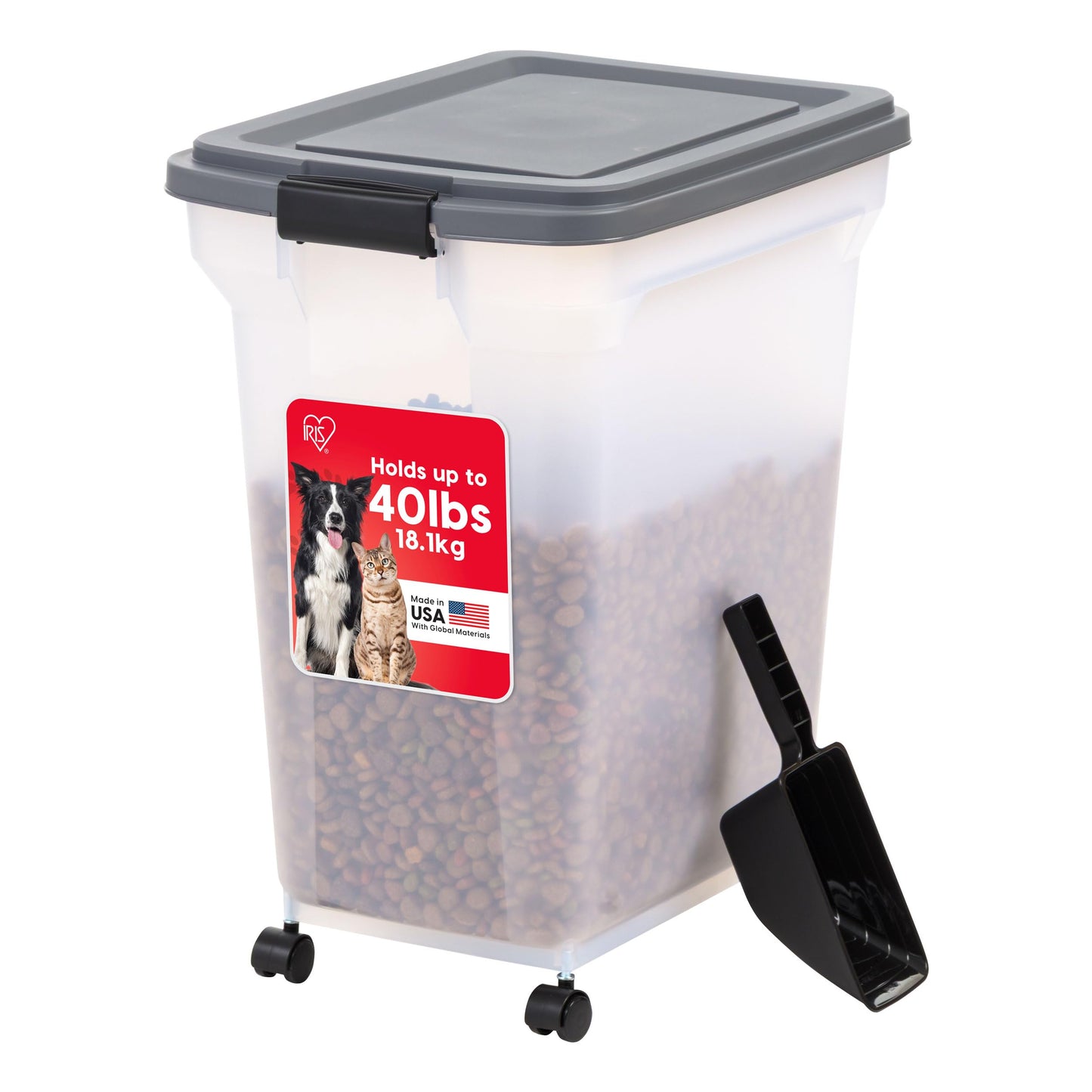 IRIS USA WeatherPro Airtight Pet Food Storage Container with Attachable Casters, For Dog Cat Bird and Other Pet Food Storage Bin