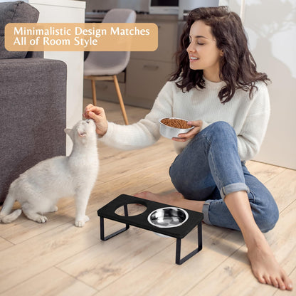 Elevated Cat Bowls for Food and Water - Loplurea 15° Tilted Raised Stainless Steel Cat Food Bowl with Bamboo Stand and Anti Vomit Feeding Station for Indoor Cats and Pet…