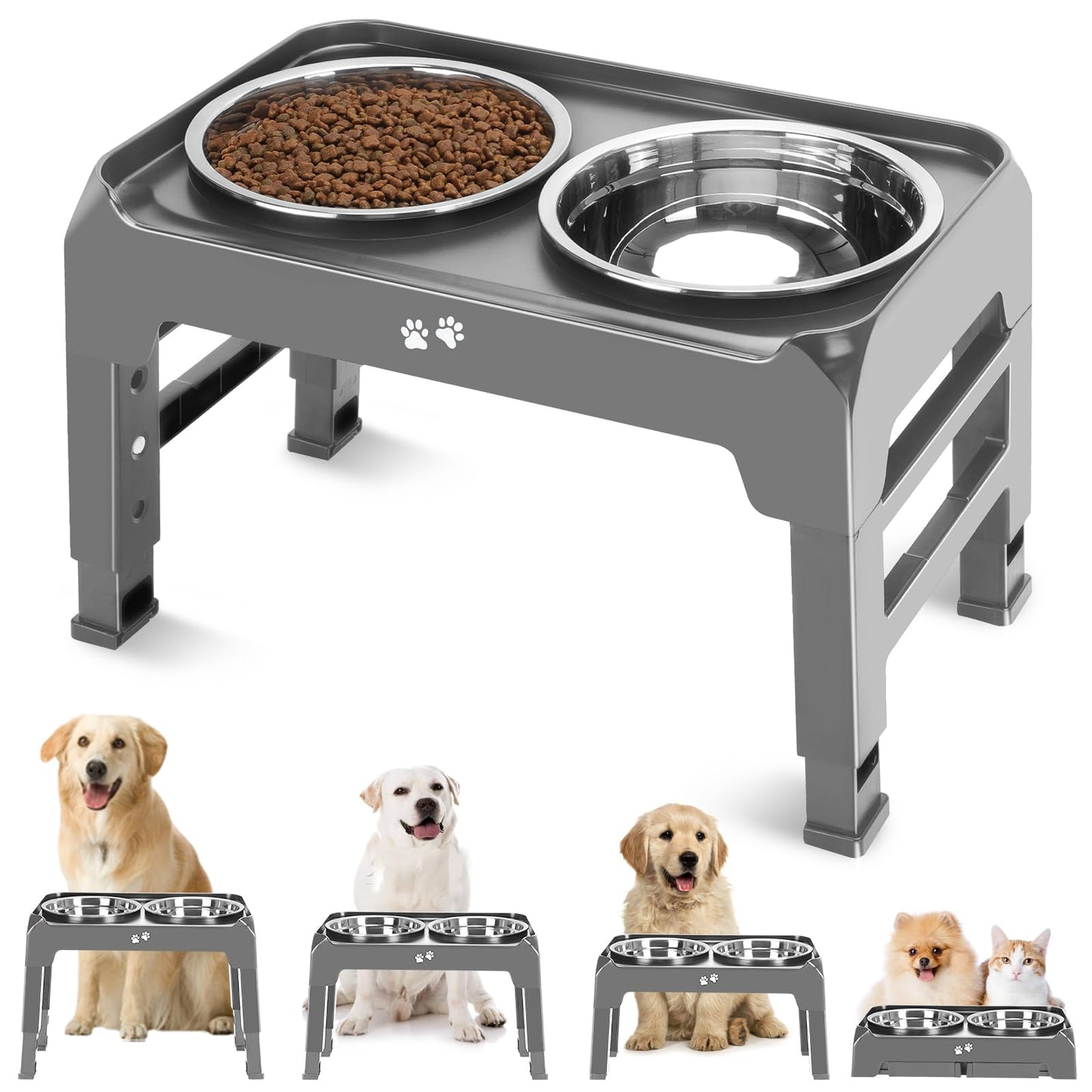 Elevated Dog Bowls | 2 Thick Stainless Steel Dog Food Bowls Non-Slip Stand for Large, Medium Dogs - Height Adjusts 3.7" to 12.36"