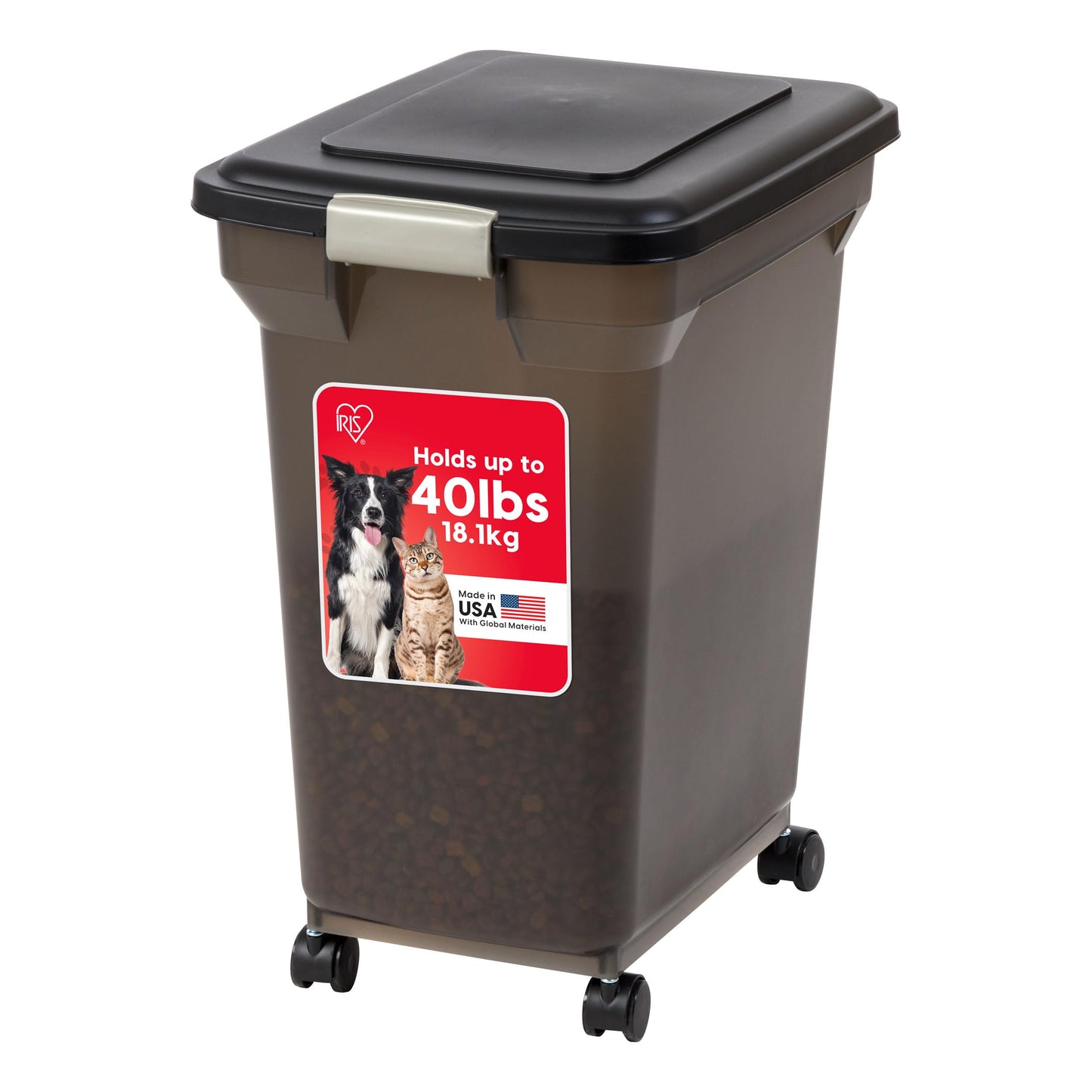 IRIS USA WeatherPro Airtight Pet Food Storage Container with Attachable Casters, For Dog Cat Bird and Other Pet Food Storage Bin