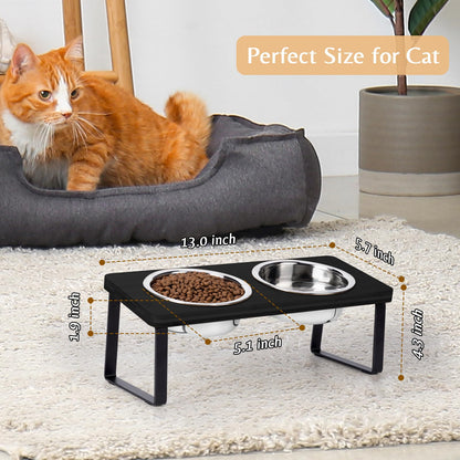 Elevated Cat Bowls for Food and Water - Loplurea 15° Tilted Raised Stainless Steel Cat Food Bowl with Bamboo Stand and Anti Vomit Feeding Station for Indoor Cats and Pet…