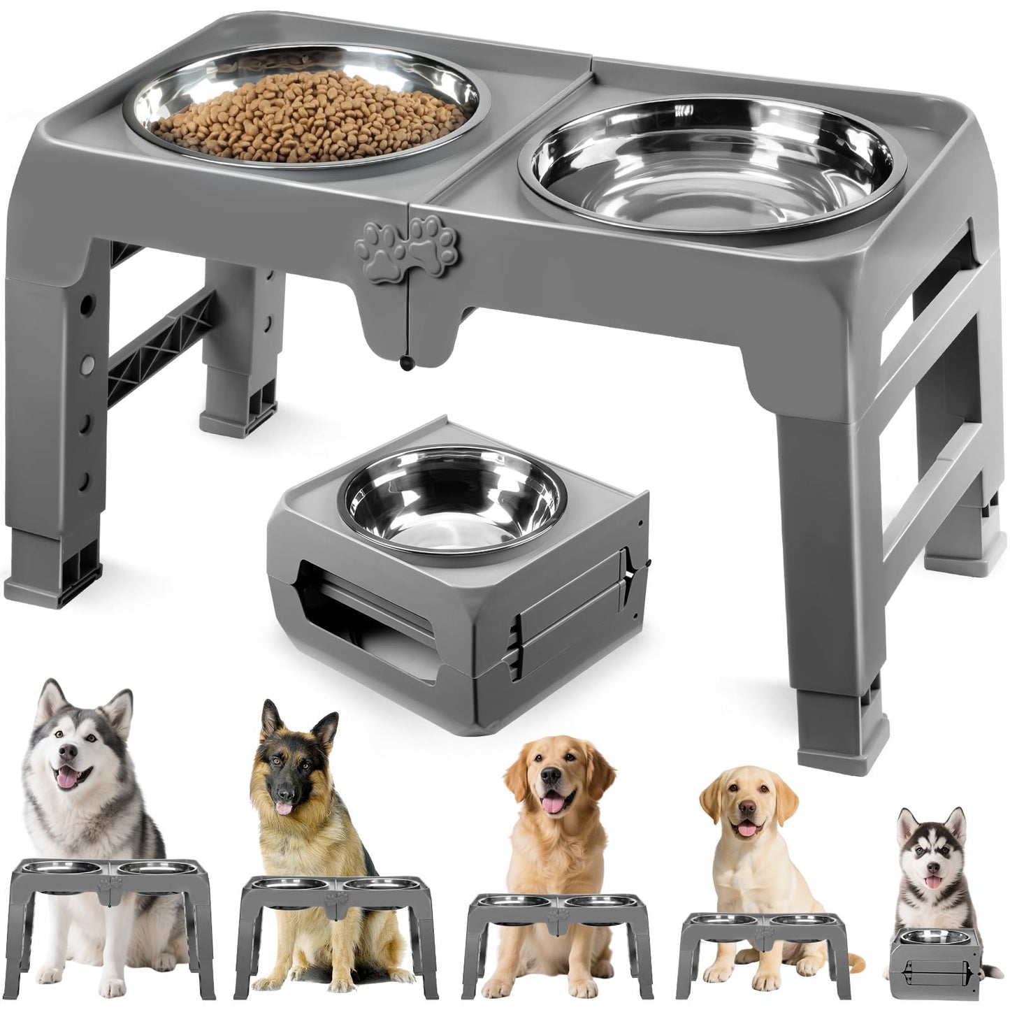 Elevated Dog Bowls | 2 Thick Stainless Steel Dog Food Bowls Non-Slip Stand for Large, Medium Dogs - Height Adjusts 3.7" to 12.36"