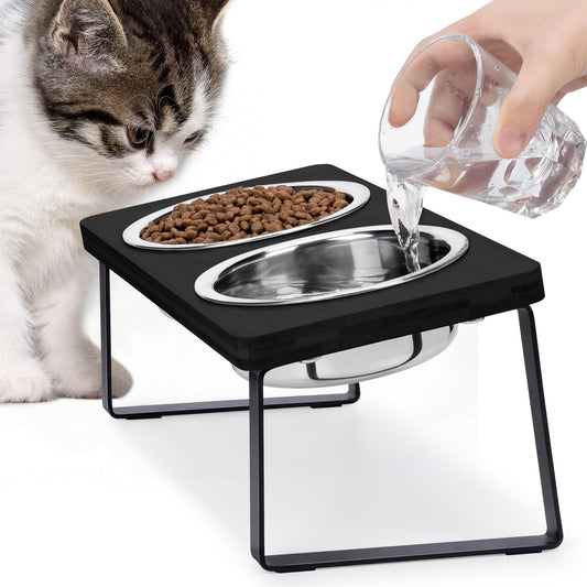 Elevated Cat Bowls for Food and Water - Loplurea 15° Tilted Raised Stainless Steel Cat Food Bowl with Bamboo Stand and Anti Vomit Feeding Station for Indoor Cats and Pet…