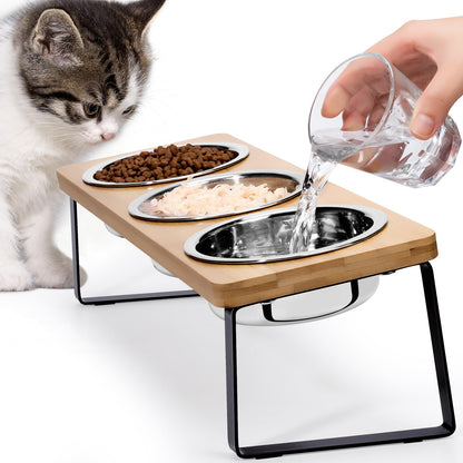 Elevated Cat Bowls for Food and Water - Loplurea 15° Tilted Raised Stainless Steel Cat Food Bowl with Bamboo Stand and Anti Vomit Feeding Station for Indoor Cats and Pet…