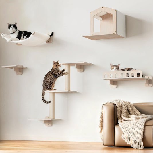 KinoTail Cat Wall Shelves for Large Cats, 5-in-1 Cat Wall Furniture with Large Hammock and Wide Perch, Wooded Wall Climbing Furniture Set for Indoor Cats