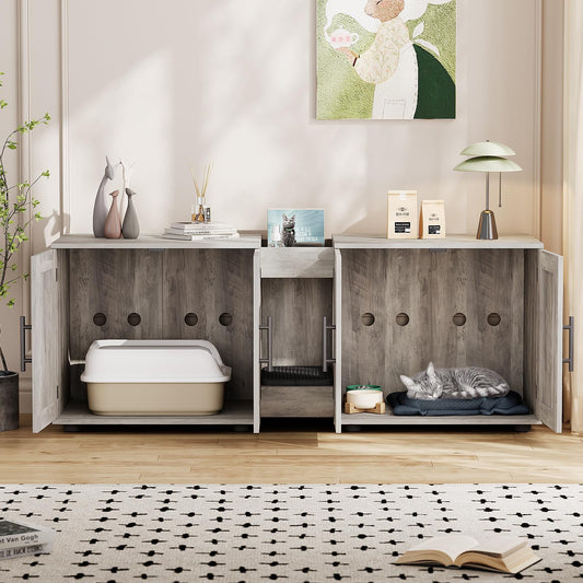Garvee Cat Litter Box Enclosure for 2 Cats, 55" Hiddden Litter Box Enclosure Furniture 3-in-1 Wooden Litter Cabinet with Barn Door & Double Rooms for Bedroom Living Room