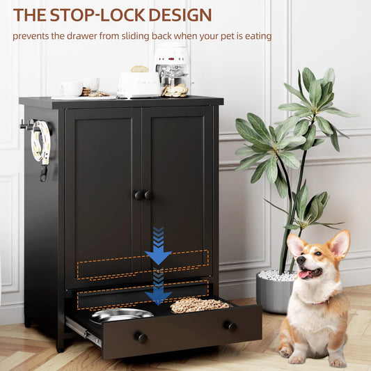 Dog Feeding Station with Storage, Metal Dog Food Storage Cabinet with 2 Elevated Bowls and 3 Hooks, Pet Feeding Station and Food Storage Organizer