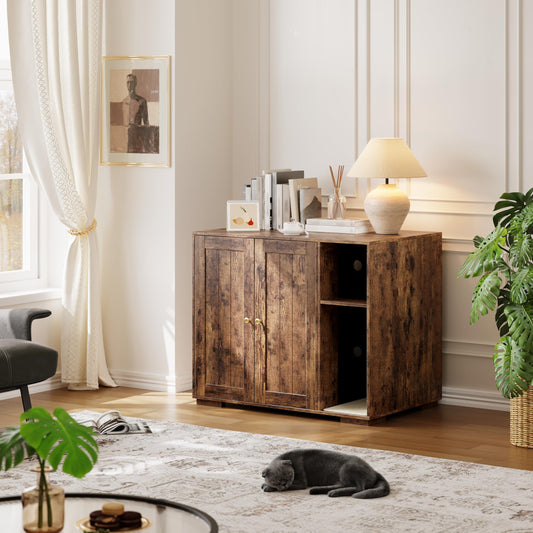 39.4" Cat Litter Box Enclosure Furniture, Hidden Litter Box Cabinet with Dog-Proof Shelf & Power Outlet, Modern Indoor Cat Litter Cabinet, Side End Table for Living Room