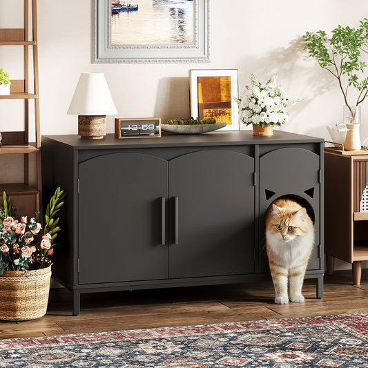 HOOBRO Cat Litter Box Enclosure, Cat Head Decor Storage Cabinet, Hidden Litter Box Furniture with Elegant Arched-Door Design, Wooden Litter Box Cabinet with Iron-Leg, End Side Table, Black BK31MW01