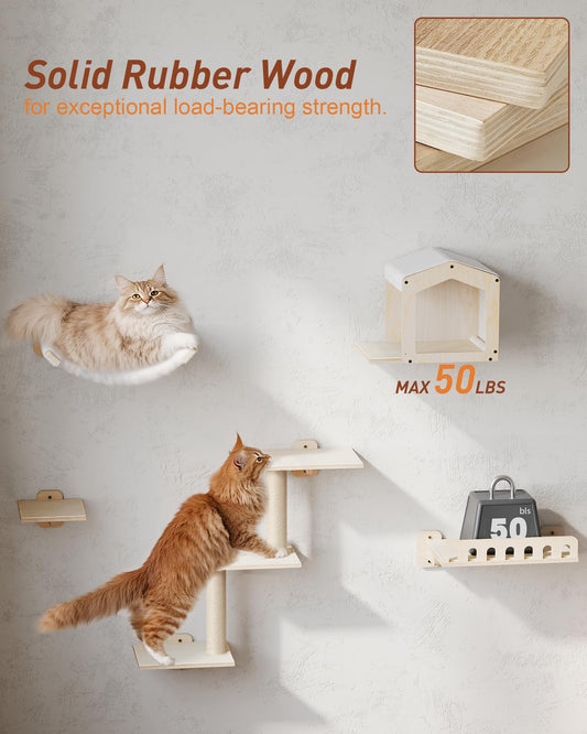 KinoTail Cat Wall Shelves for Large Cats, 5-in-1 Cat Wall Furniture with Large Hammock and Wide Perch, Wooded Wall Climbing Furniture Set for Indoor Cats
