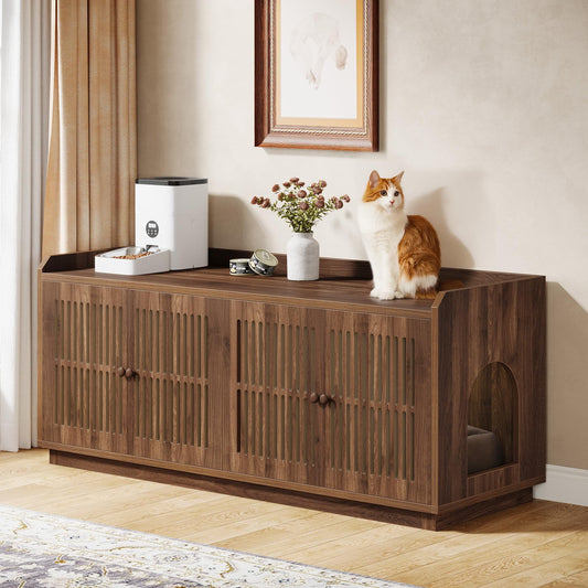 Tribesigns 2 Cats Litter Box Enclosure, 55.1-Inch Extra Large Hidden Litter Box Furniture with 2 Cabinets and Side Entry, Wooden XL Cat Washroom Furniture with Storage for Living Room, Rustic Brown