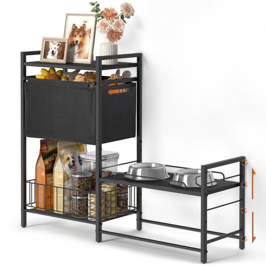 Lomivra Elevated Dog Bowls, Raised Dog Bowl Stand with Dog Toy Bin Basket Dog Food and Water Bowl Feeding Station, Lifted Dog Bowl Holder Cabinet with Pet Storage Organizer for Large Medium Small Dogs