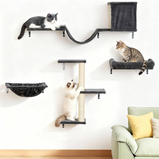 Aechonow Heavy Duty Cat Wall Shelves for Indoor Cats Large Adult, 17'' Large Hammock and Perch Bed for Wall, 5-in-1 Wall-Mounted Cat Climbing Set for Multi-Room Use