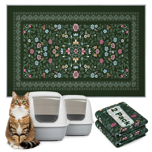Bienbee Cat Litter Mat, 2PCS 33"x22" Washable Litters Box Mats Non-Slip &Waterproof Cat Litters Trapping Mats Easy to Clean Mat for Litter Box Less Waste Protects Floors Dark Green L