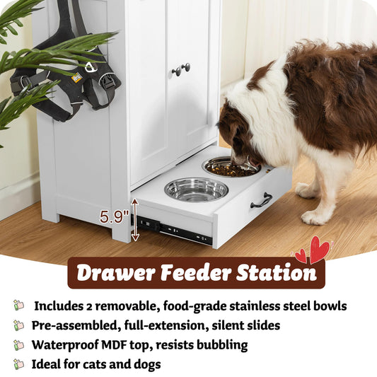 ALINE FURNITURE Dog Feeding Station With Storage Cabinet, Hidden Pet Feeder, Food Cabinet