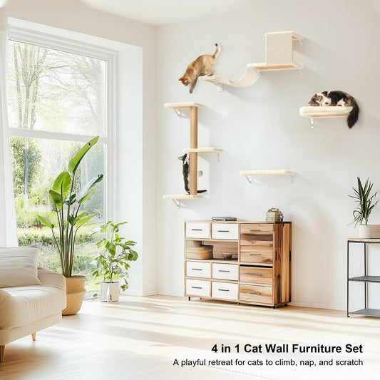 Fukumaru Cat Wall Climber & Shelves, Stable & Safe 4 in 1 Gym Set, Wooden Climbing Wall with Scratching Post, Bridge & Bed, Perfect for 16 Inch Drywall