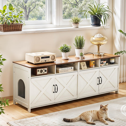 JanflyHome Double Cat Litter Box Enclosure for 2 Cats, 63" Hidden Litter Box Furniture with Outlet Power, Farmhouse Large Litter Box Cabinet TV Stand, 63 x 17.7 x 23.6 in